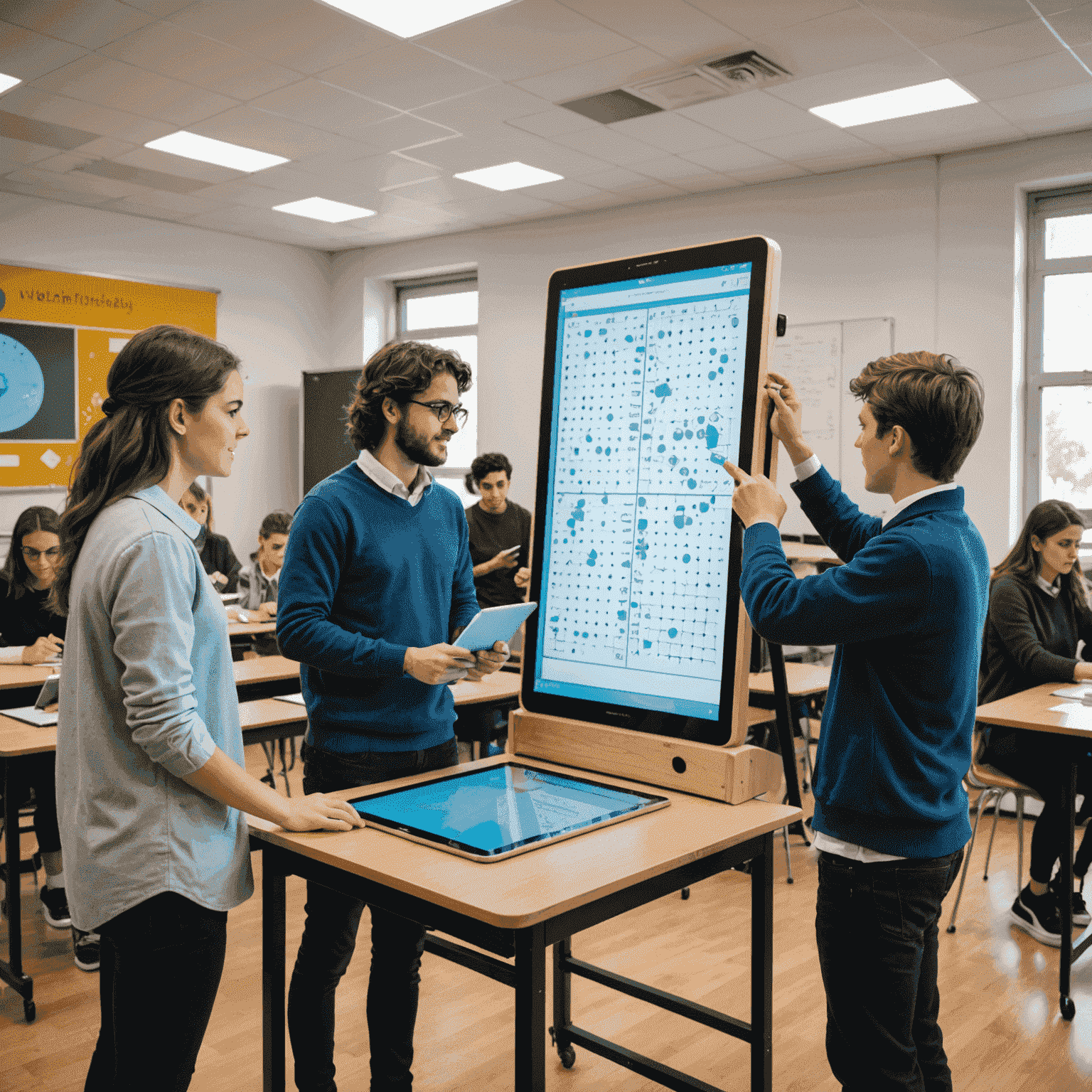 Italian students using PlinkoMath on tablets in a classroom, with a large interactive Plinko board displayed on a smartboard at the front