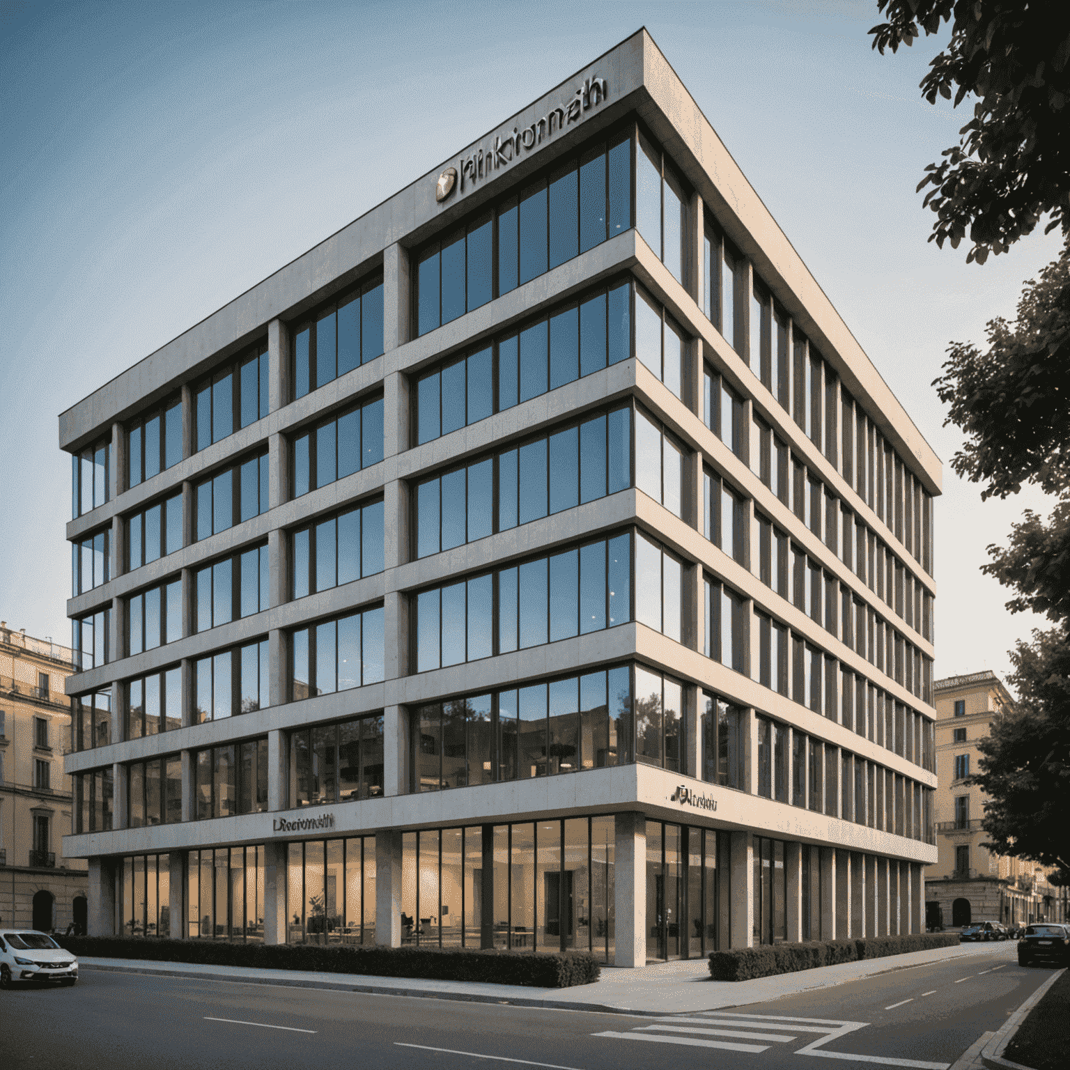 A modern office building in Italy with PlinkoMath logo, representing the new European headquarters. The image shows a blend of contemporary architecture and classic Italian design elements.