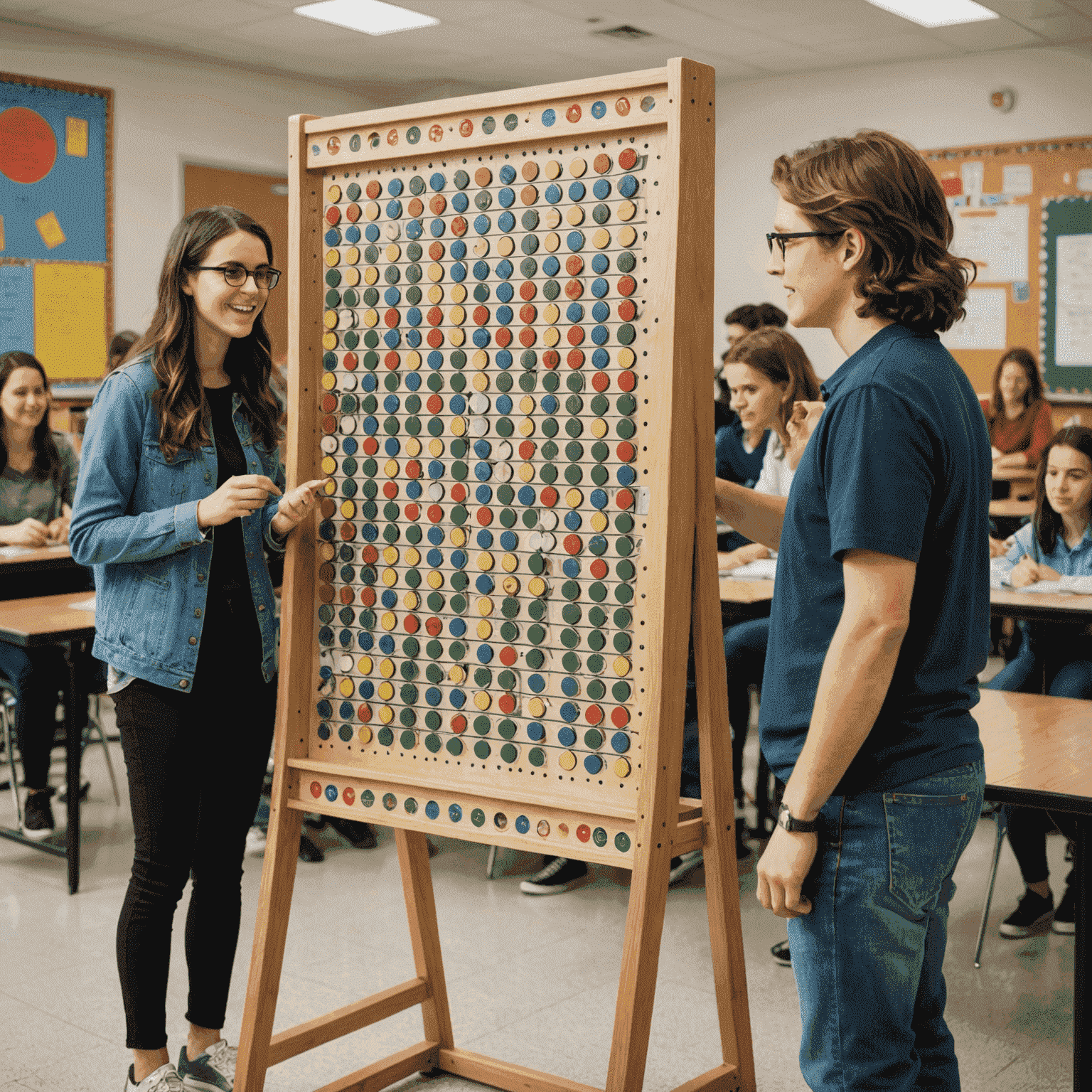 Students gathered around a large Plinko board in a classroom, actively engaged in a statistics lesson