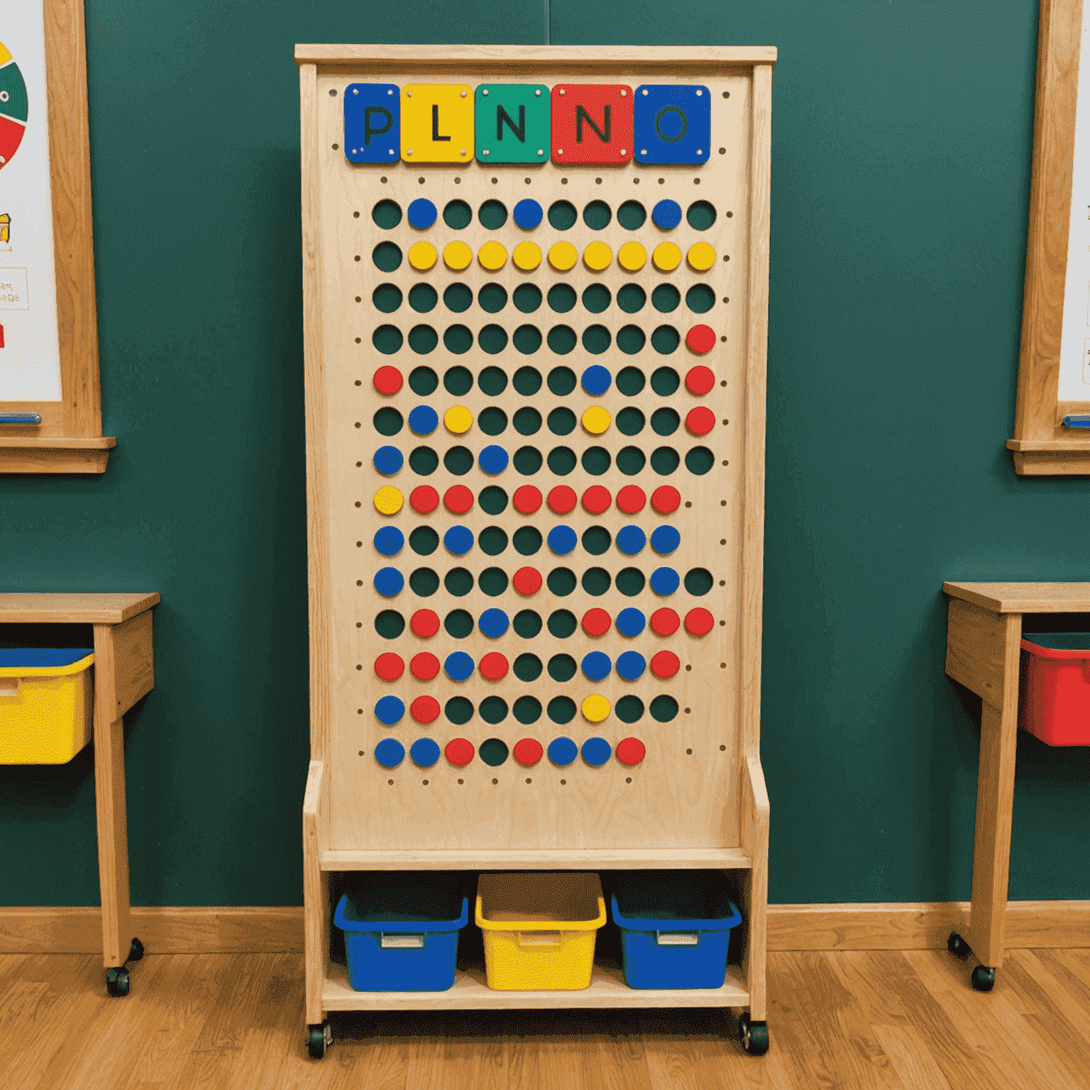 A custom Plinko board with school colors and logo, featuring multiple pegs and collection bins at the bottom. The board is mounted on a sturdy stand with wheels for easy mobility in classrooms.