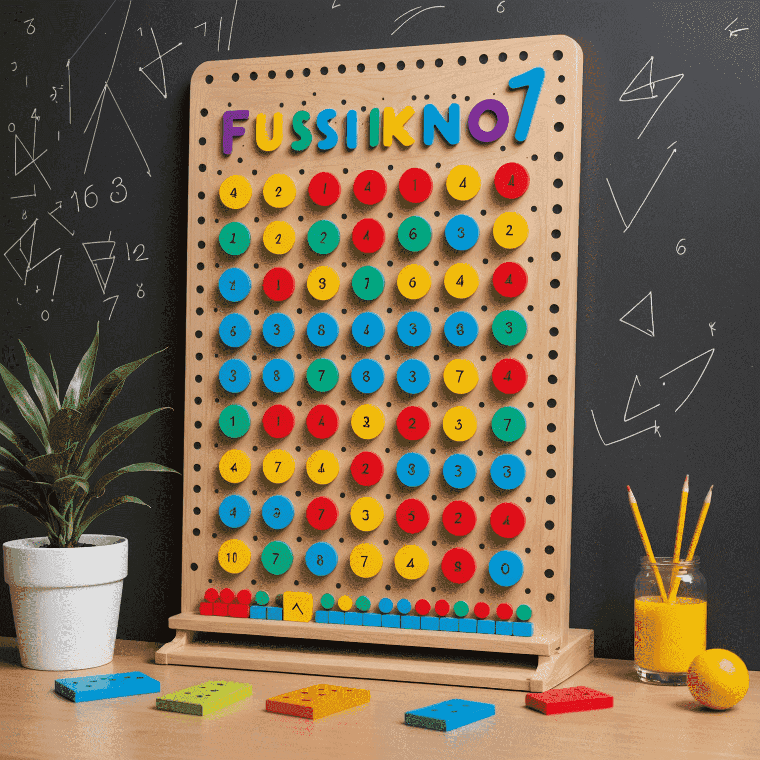 A colorful Plinko board with mathematical symbols and formulas floating around it, representing the fusion of game-based learning and mathematics