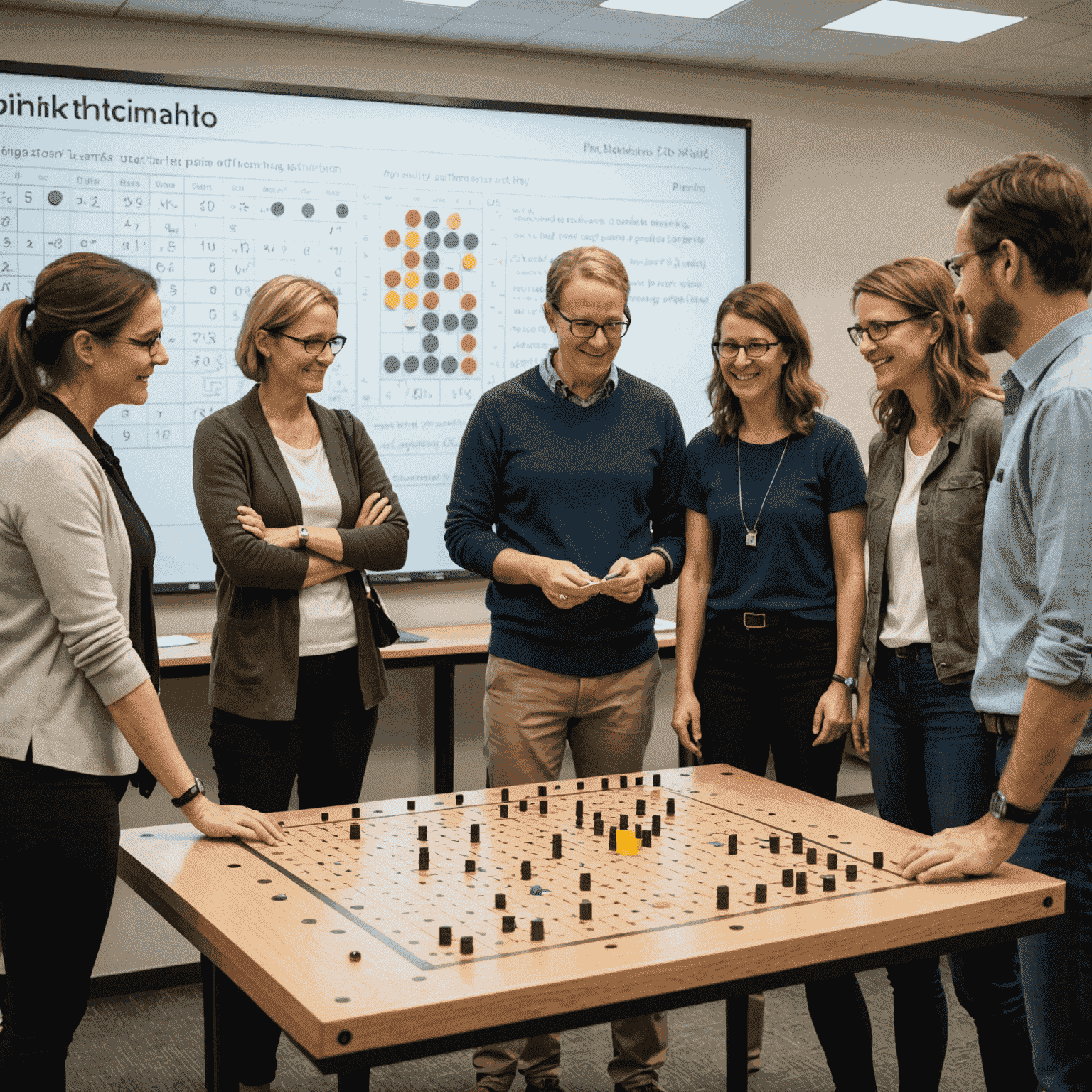 A group of teachers engaged in a PlinkoMath training session, gathered around a large Plinko board with mathematical equations and probability distributions displayed on a nearby screen