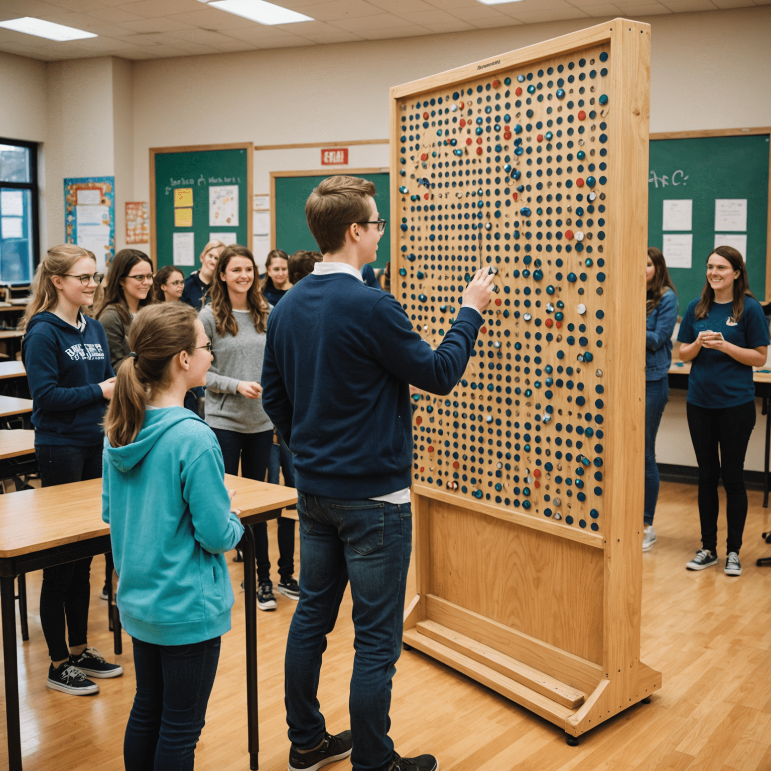 A classroom full of students gathered around a large Plinko board, with a teacher demonstrating probability concepts