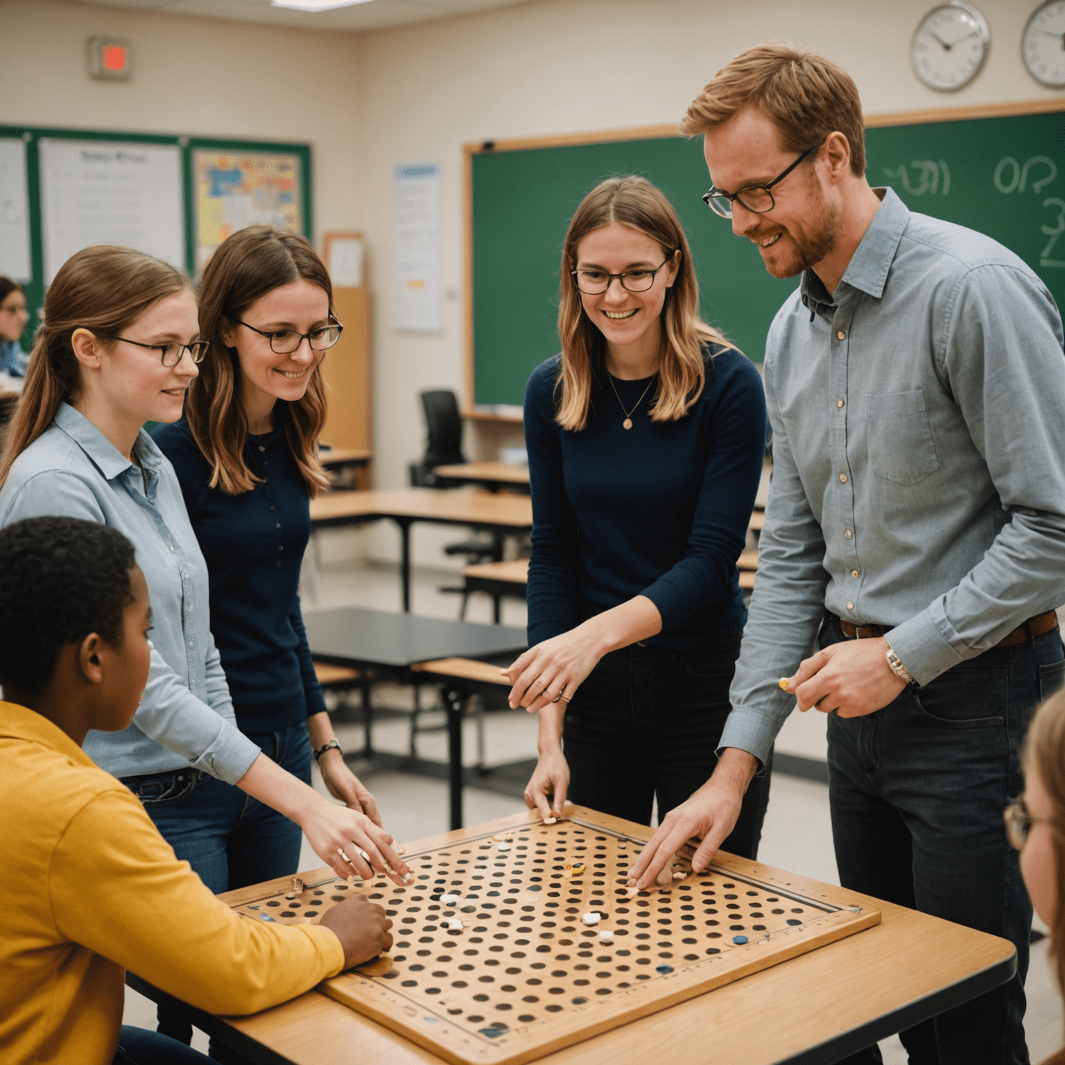 A teacher explaining a probability concept using a Plinko board to an engaged group of students