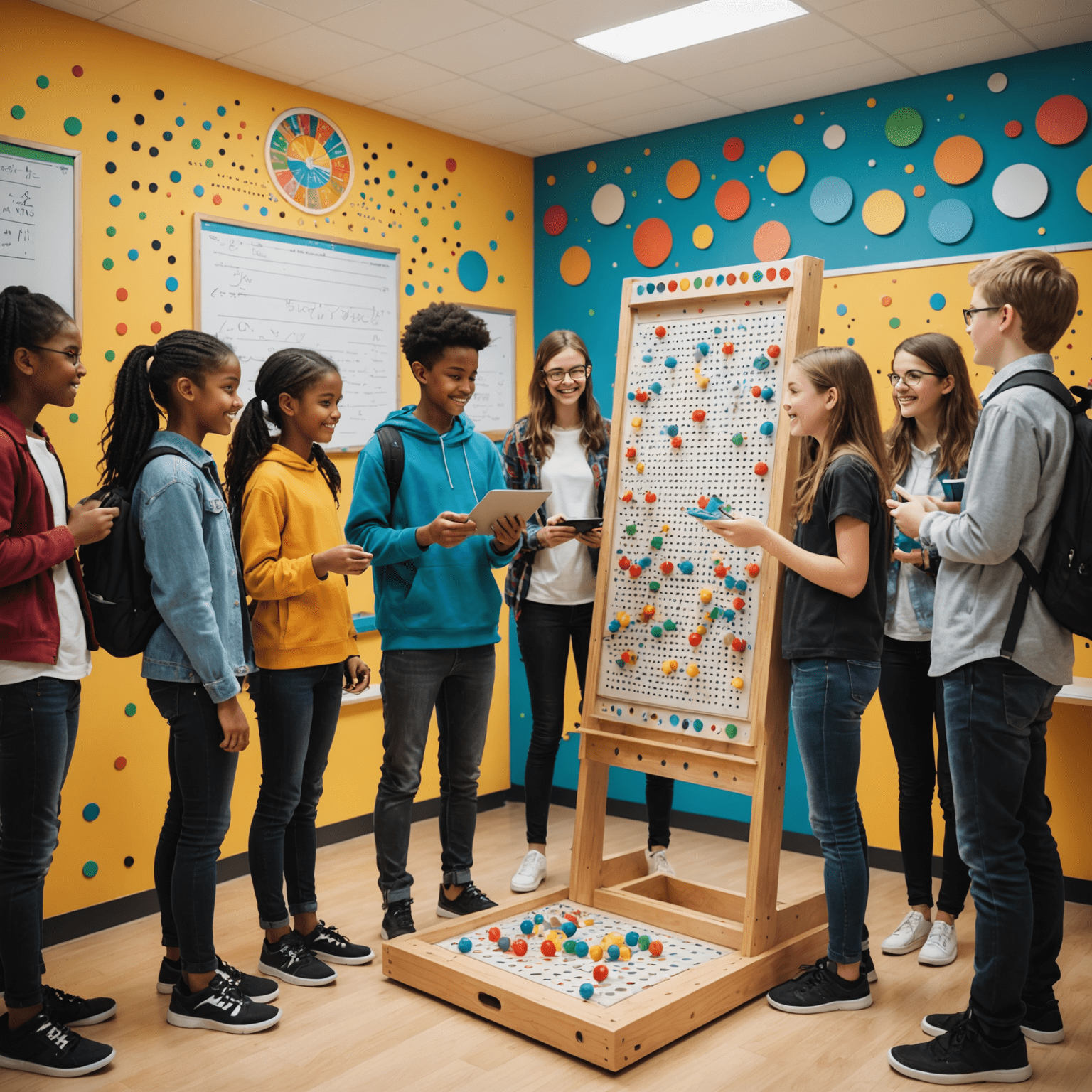 A group of students gathered around a large Plinko board, excitedly dropping balls and recording results on tablets. The classroom is bright and colorful, with mathematical posters and formulas visible on the walls.