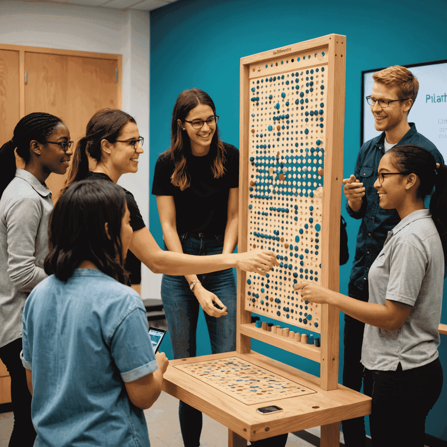 A diverse group of students engaging with a large, interactive Plinko board on their devices, showcasing the global reach and accessibility of PlinkoMath online courses