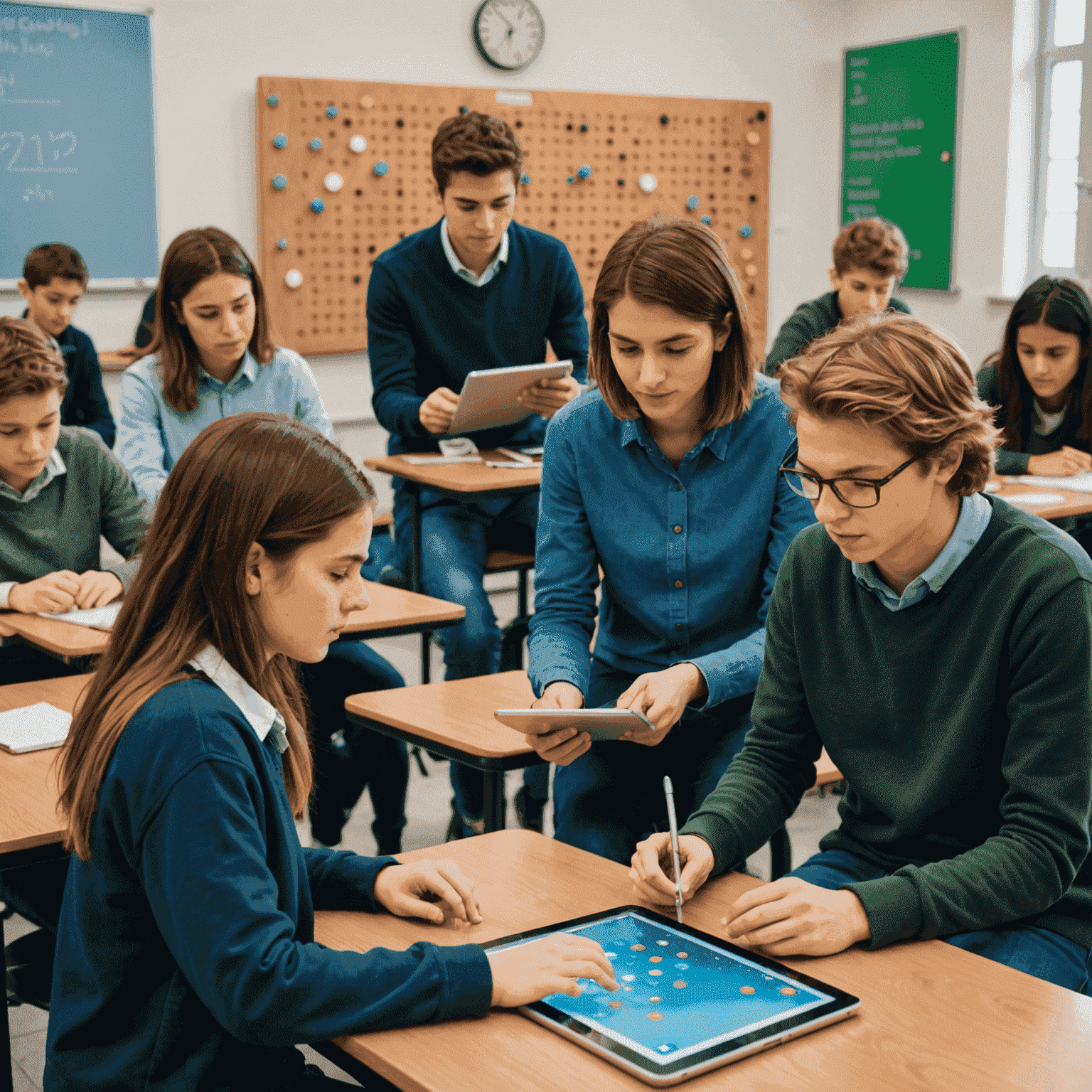 Students in an Italian classroom engaging with PlinkoMath on tablets, with a large Plinko board visible in the background
