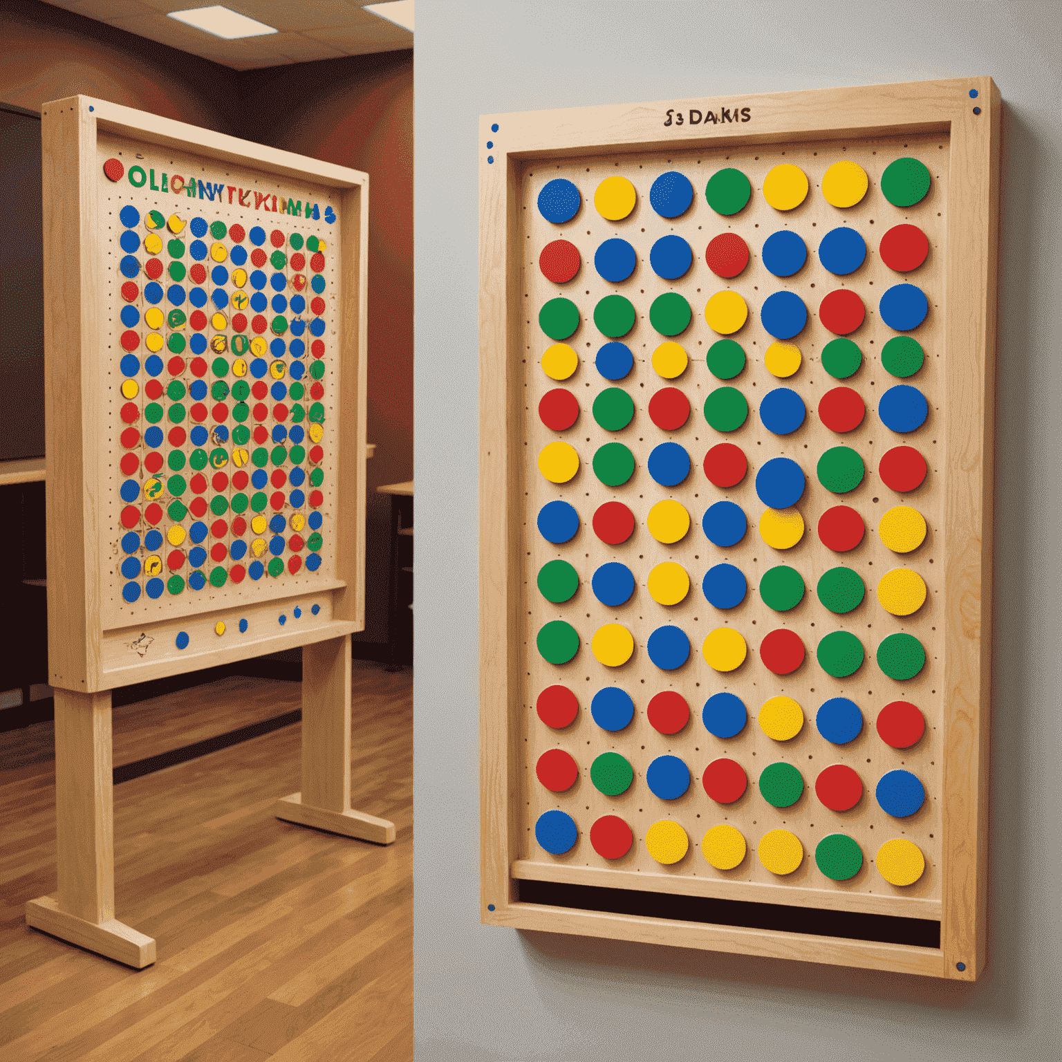 A collection of colorful, custom-designed Plinko boards with various themes and sizes for different educational institutions