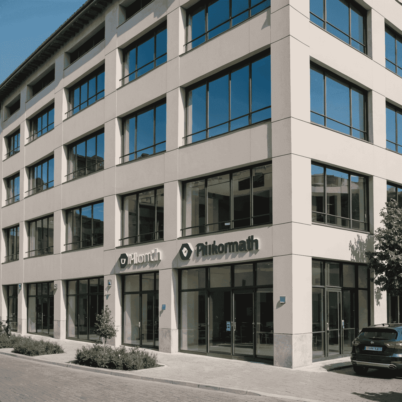 The exterior of a modern office building with PlinkoMath logo, located in a picturesque Italian city