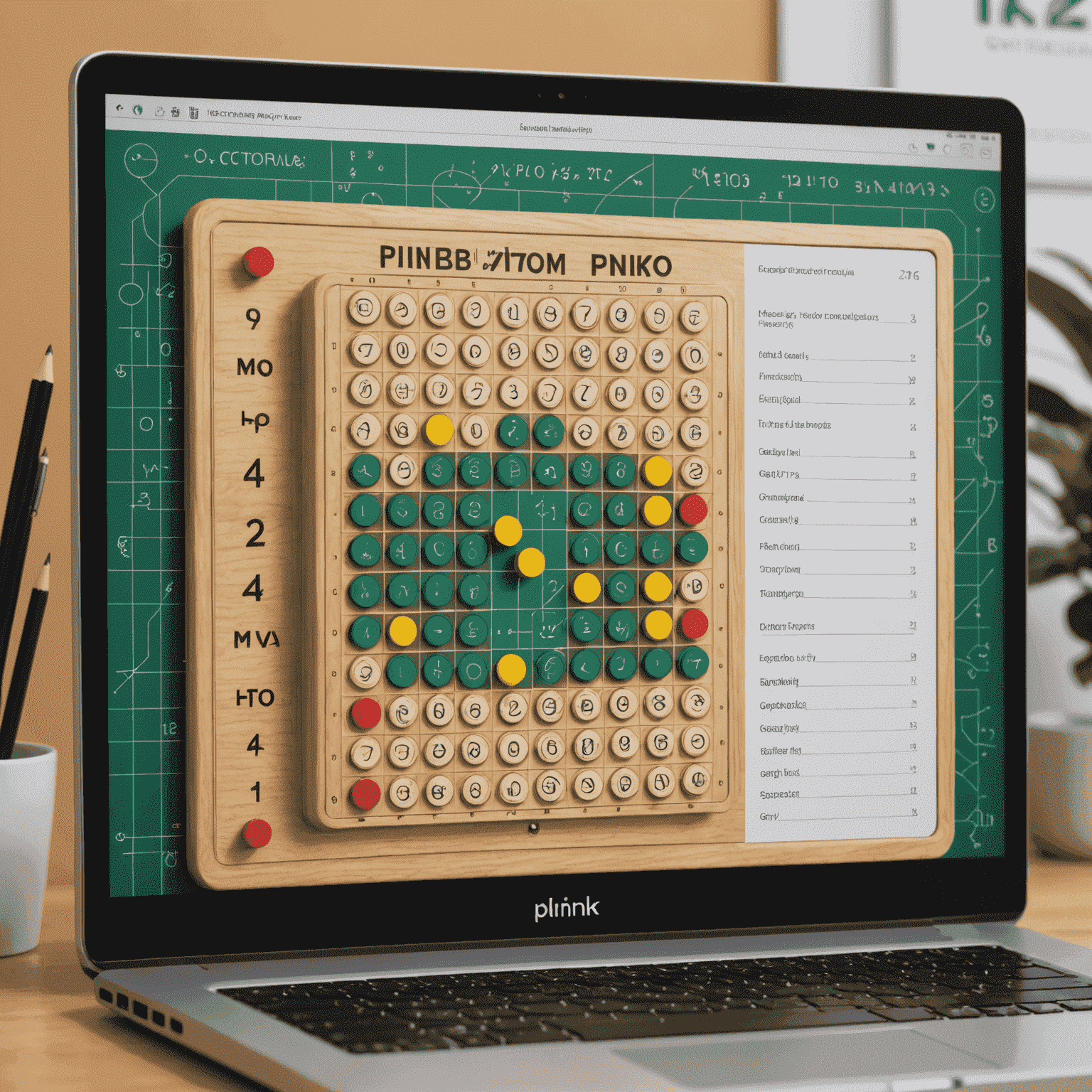 A laptop screen showing an interactive Plinko simulation alongside mathematical formulas and graphs