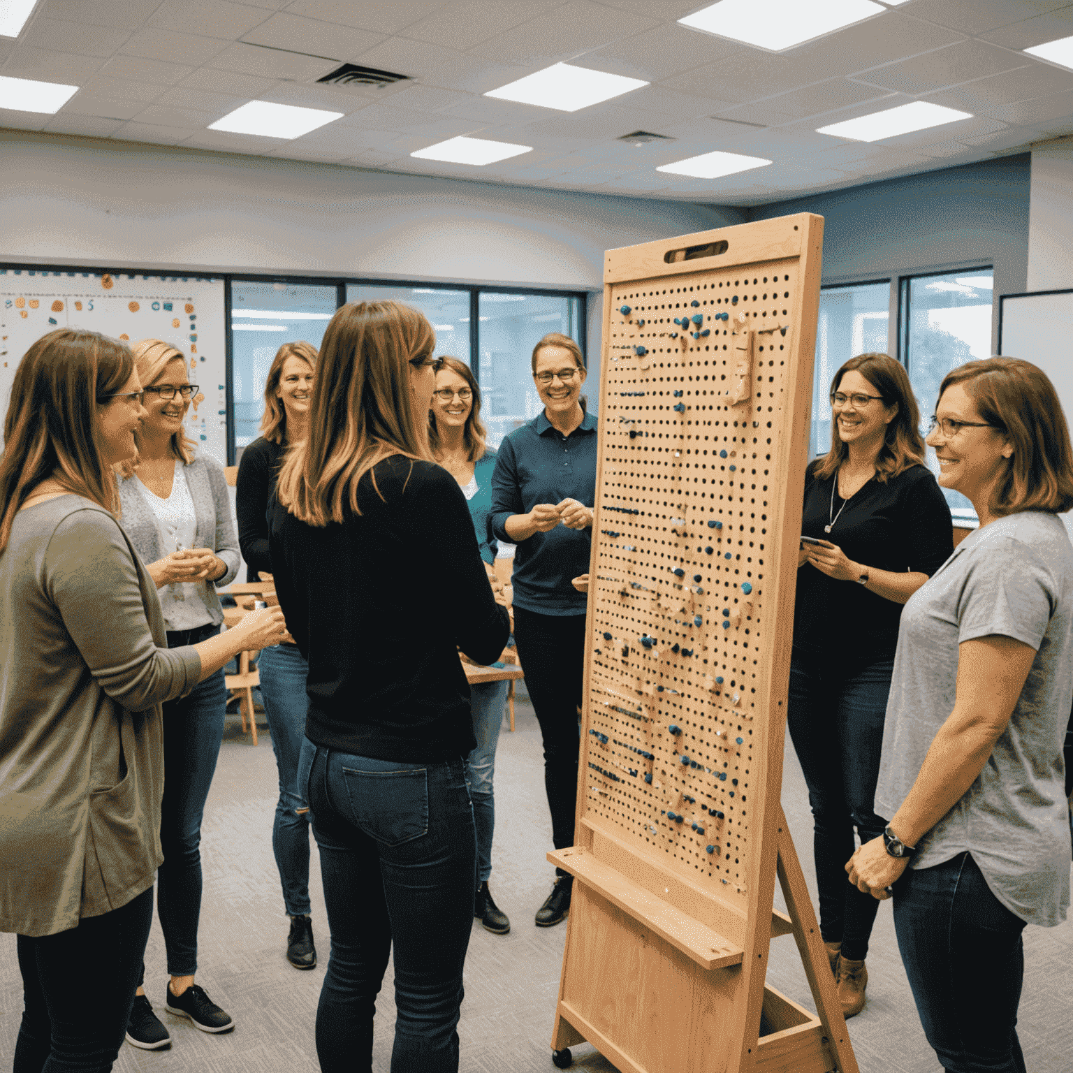 A group of teachers participating in a workshop, learning how to use Plinko boards and digital simulations in their classrooms